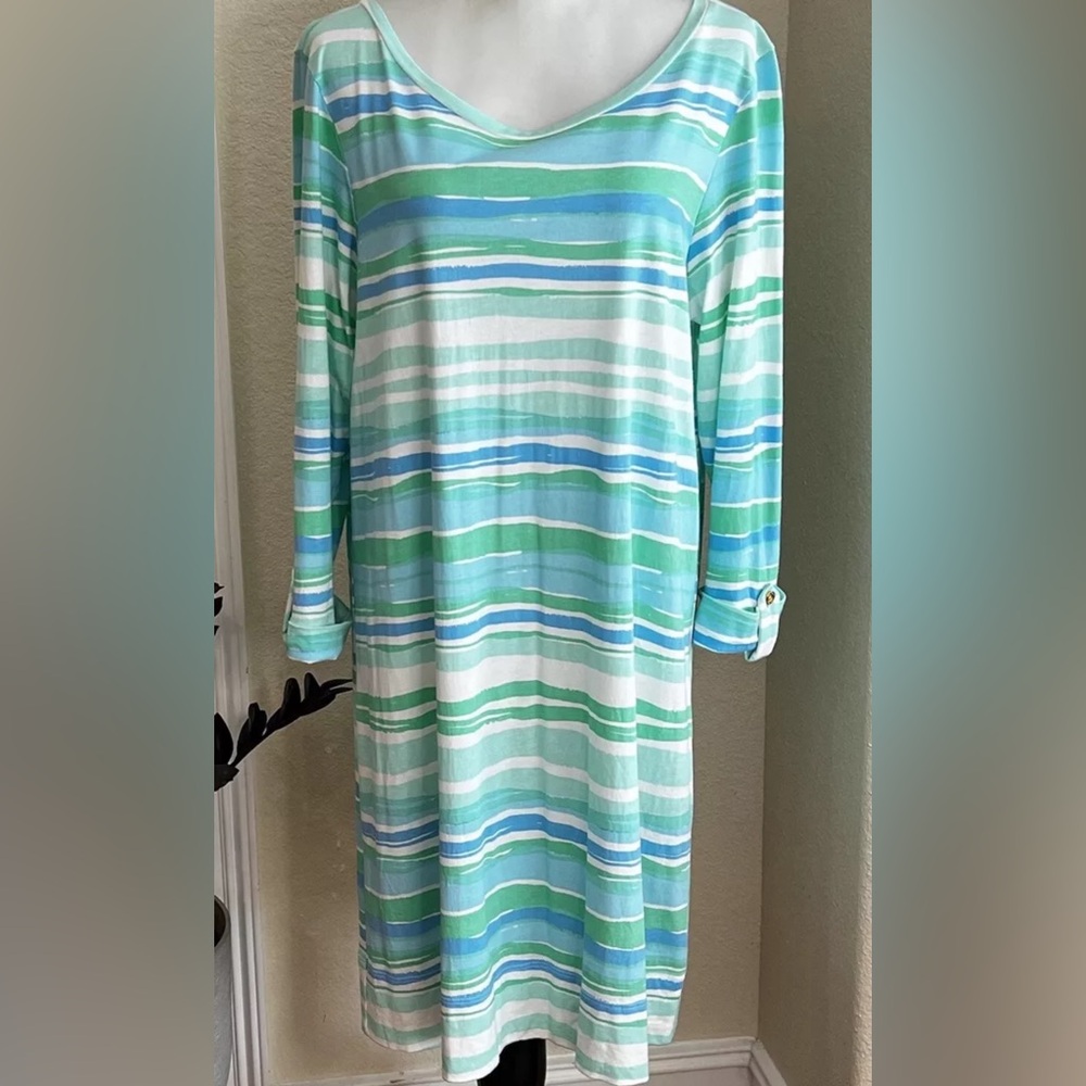 Lilly Pulitzer  Linden Dress Seaspray Blue Blue Sea Stripe Size X Large Logo